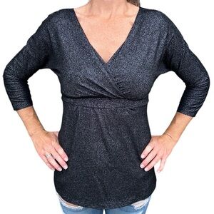 Express | Metallic Shimmer Blouse Deep V-neck 3/4 Sleeve Black/Silver‎ S